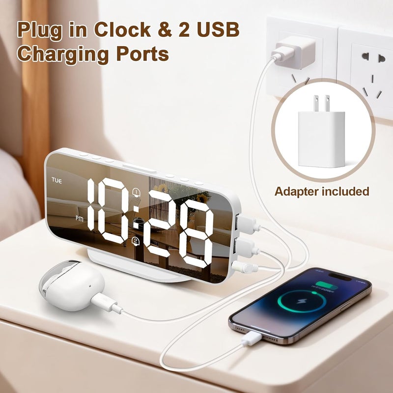 ALANAS Digital Alarm Clock for Bedrooms, Dual Alarms with Snooze, Big LED Mirror Display, 4-Level Dimmer & 2 USB Ports, Plug in Clocks, Aesthetic Modern Desk Clock for Home Office, Gift - Image 4